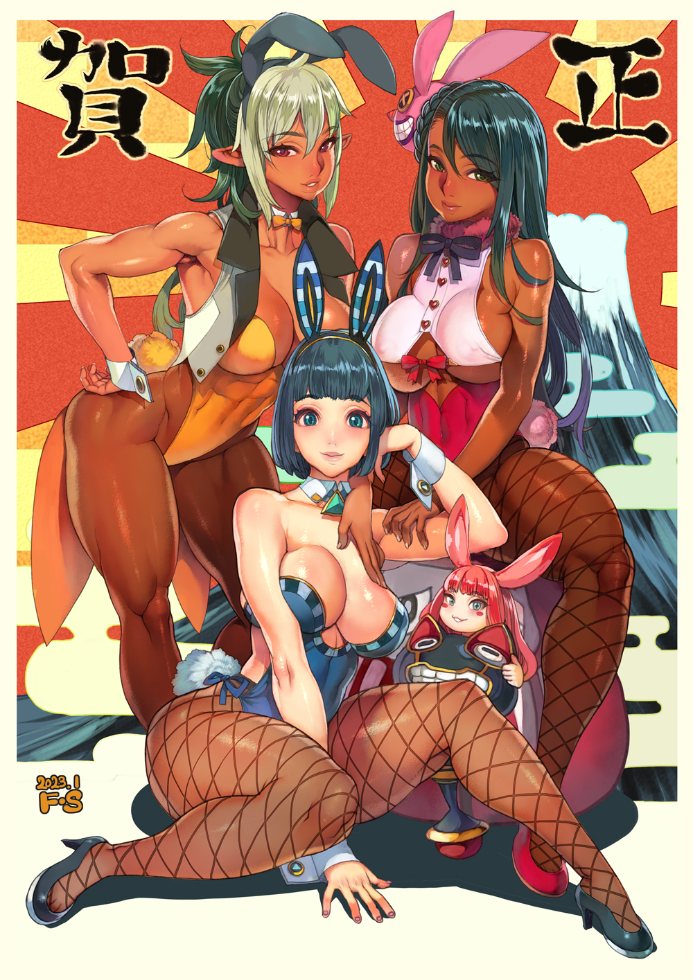 4girls :3 abs ancient_princess_menace animal_ears armpits black_hair blue_eyes breasts chibi cleavage collarbone commentary_request dark_skin colored_bangs earrings echidna_(queen&#039;s_blade) f.s. fake_animal_ears fishnet_pantyhose fishnets green_eyes green_hair hair_ornament highres jewelry large_breasts leotard luna_luna_(queen&#039;s_blade) melona_(queen&#039;s_blade) menace_(queen&#039;s_blade) monster_girl multiple_girls muscular muscular_female navel official_art pantyhose playboy_bunny pointy_ears protean_assassin_melona queen&#039;s_blade queen&#039;s_blade_rebellion setra slime_girl smile swept_bangs tan thick_thighs thighs toned toned_female veteran_mercenary_echidna
