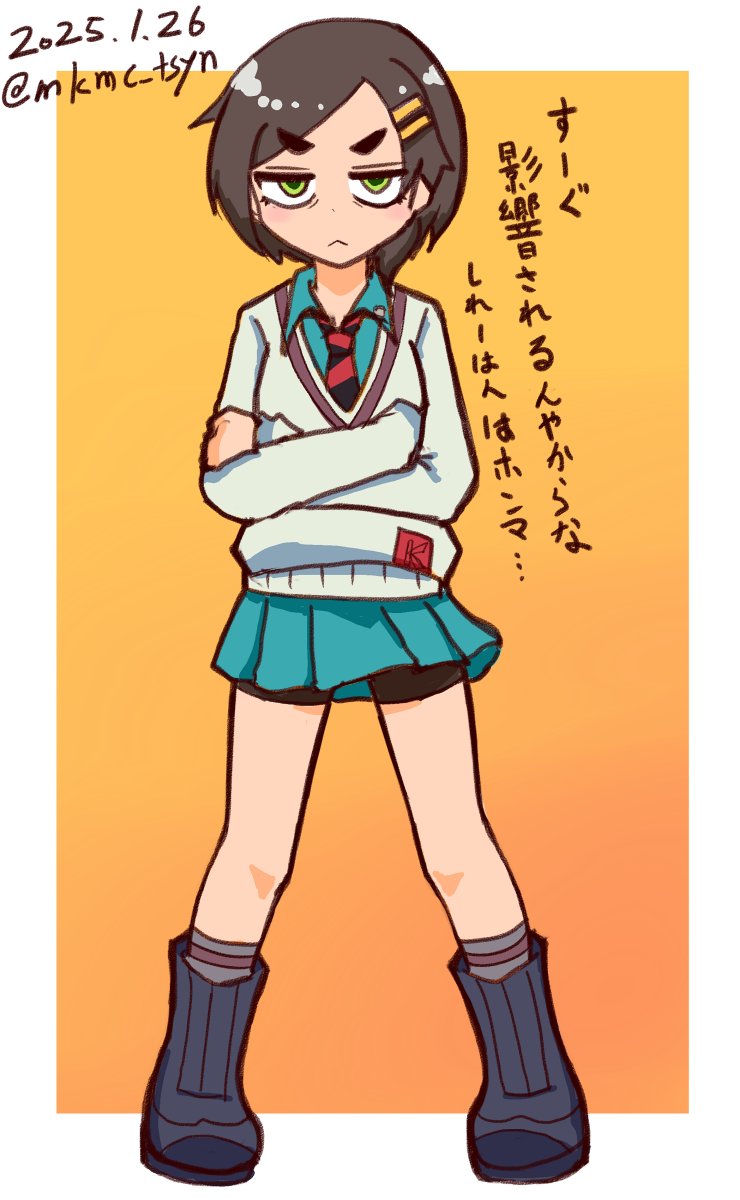 1girl amate_yuzuriha amate_yuzuriha_(cosplay) aqua_skirt bike_shorts_under_skirt black_hair blue_shirt border cardigan collared_shirt cosplay dated full_body gradient_background green_eyes gundam gundam_gquuuuuux hair_ornament hairclip highres jitome kantai_collection kuroshio_(kancolle) long_sleeves looking_at_viewer necktie one-hour_drawing_challenge orange_background pleated_skirt school_uniform shirt short_hair simple_background skirt solo striped_necktie tasogare_yanio twitter_username white_border white_cardigan