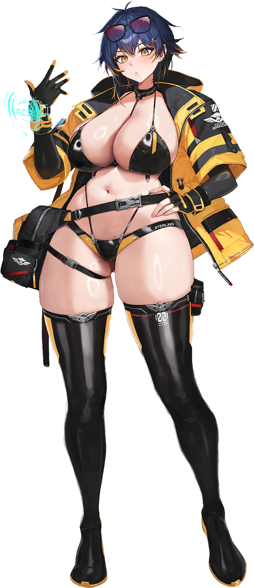 1girl bikini black_bikini breasts cleavage hand_on_own_hip highres jacket large_breasts last_origin navel official_art short_hair sterling_(last_origin) swimsuit thick_thighs thighhighs thighs unworn_eyewear wide_hips
