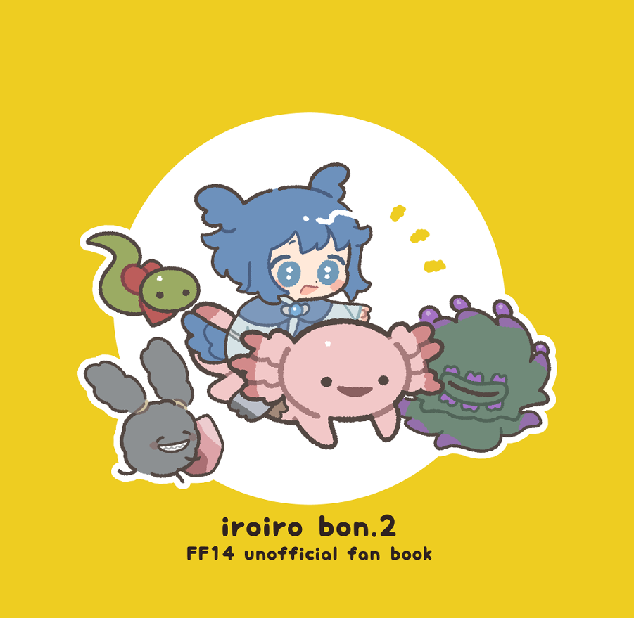 axolotl blue_eyes blue_feathers blue_hair chibi english_text feathers final_fantasy final_fantasy_xiv futong_jun gem green_snake head_wings holding holding_gem malboro meteion open_mouth pointing red_scarf riding riding_animal scarf simple_background smile snake spriggan_(final_fantasy) teeth wings