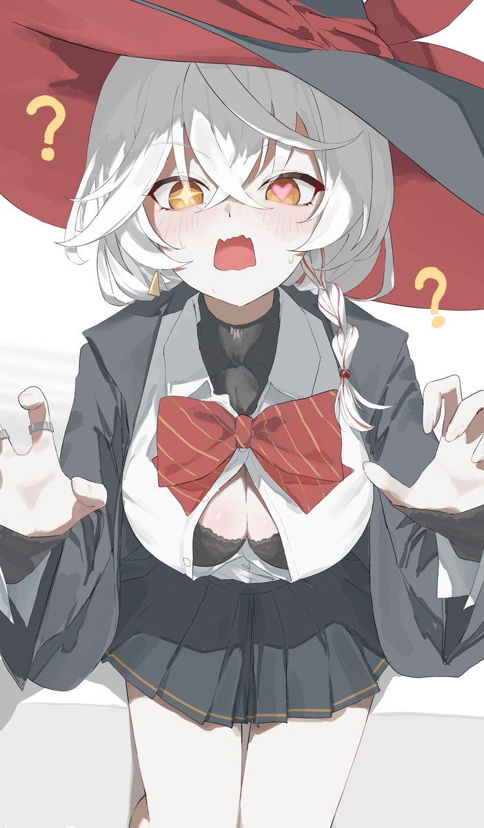 1girl ? arms_up black_bra black_hat black_jacket black_skirt blue_archive blush bow bra braid breasts cleavage collar collared_shirt commentary_request cowboy_shot crossed_bangs earrings eri_(blue_archive) fingernails from_above hair_between_eyes hat heart heart-shaped_pupils highres jacket jewelry large_breasts large_hat long_sleeves matcha_(matttttya1) multicolored_hair multicolored_hat open_clothes open_jacket open_mouth partially_unbuttoned red_bow red_hair red_hat ring shirt simple_background single_braid sitting skirt solo star-shaped_pupils star_(symbol) streaked_hair symbol-shaped_pupils two-tone_hat underwear white_background white_collar white_hair white_shirt