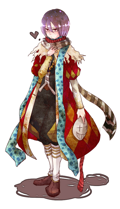 1boy argyle_clothes argyle_coat baggy_pants black_pants black_scarf black_shirt blue_scarf brown_shoes closed_mouth coat commentary_request full_body goblin_mask hair_between_eyes heart holding holding_mask juliet_sleeves long_sleeves looking_afar male_focus mask minstrel_(ragnarok_online) pants polka_dot polka_dot_scarf puffy_sleeves purple_hair ragnarok_online red_coat red_eyes red_scarf scarf shirt shoes shomu_(arujanainon) short_hair simple_background solo striped_clothes striped_scarf white_background white_scarf