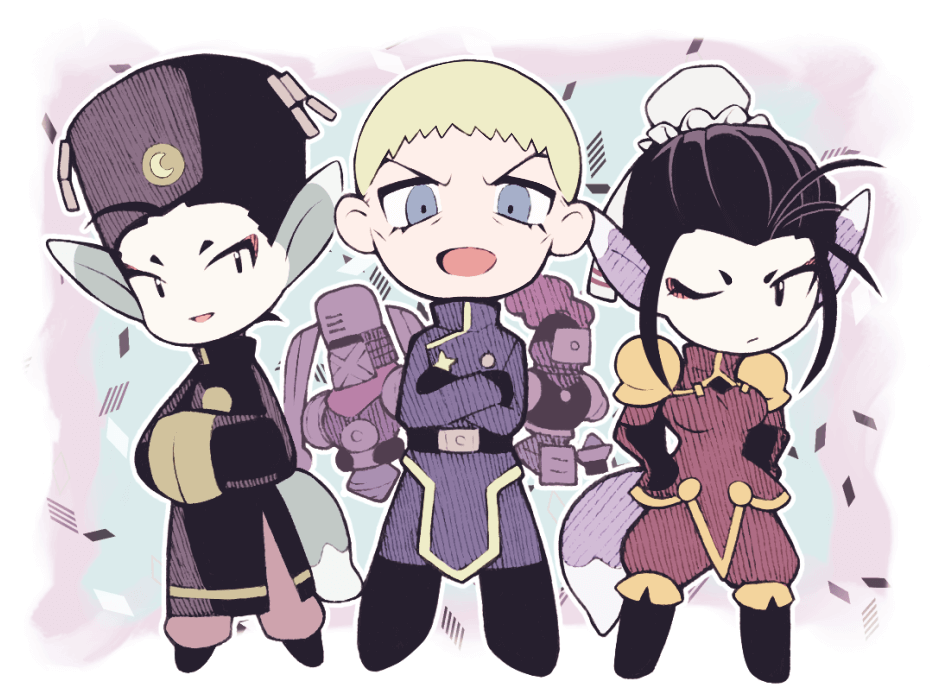 1girl 2boys animal_ears black_eyes black_hair blonde_hair breasts breath_of_fire breath_of_fire_iv bun_cover captain_rasso chibi closed_mouth eyeshadow full_body gloves hair_bun hat looking_at_viewer makeup minashirazu multiple_boys one_eye_closed open_mouth pointy_ears short_hair single_hair_bun smile tail ursula_(breath_of_fire) wide_sleeves yuna_(breath_of_fire)