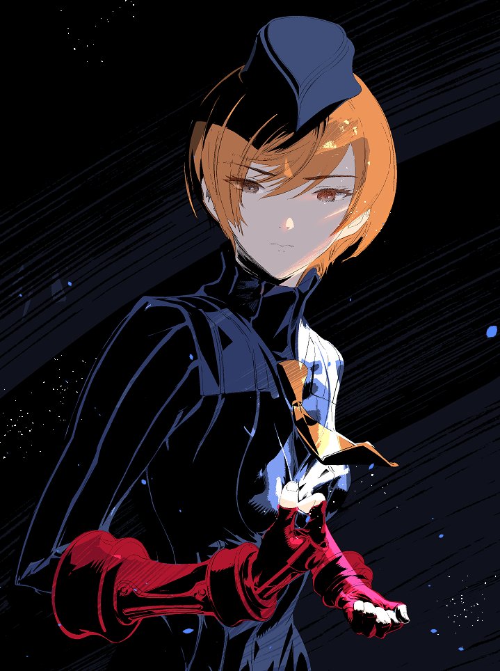 1girl blue_leotard cofffee fingerless_gloves gloves juni_(street_fighter) leotard looking_at_viewer necktie orange_eyes orange_hair red_gloves ribbed_leotard shadaloo_dolls short_hair simple_background solo street_fighter street_fighter_zero_(series) yellow_necktie