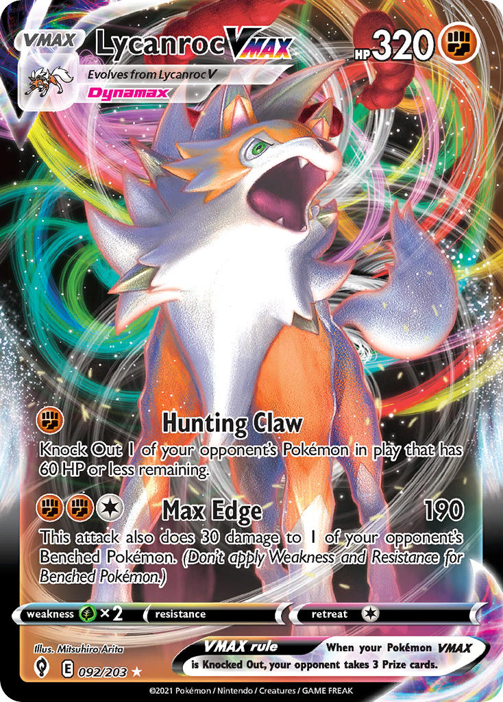animal_focus arita_mitsuhiro artist_name card_(medium) character_name company_name copyright_name copyright_notice dynamax english_text fangs gen_7_pokemon green_eyes lycanroc lycanroc_(dusk) nintendo no_humans official_art open_mouth pokemon pokemon_(creature) pokemon_card pokemon_focus pokemon_tcg red_clouds solo third-party_source trading_card