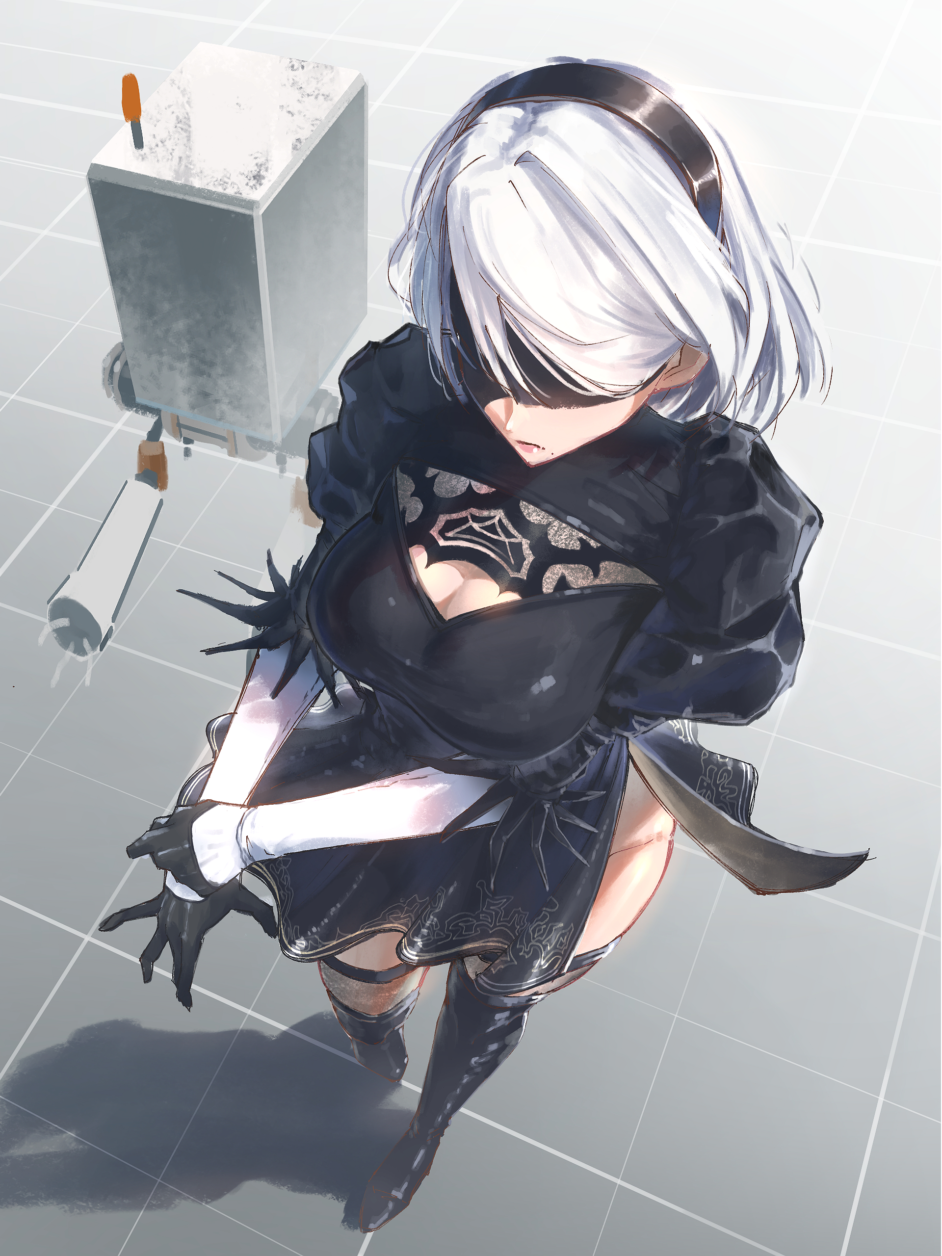 1girl 2b_(nier:automata) absurdres black_dress black_gloves black_mask black_thighhighs breasts character_request cleavage cleavage_cutout clothing_cutout commentary_request dress from_above gloves headband highres juliet_sleeves large_breasts long_sleeves mole nier:automata nier_(series) puffy_sleeves short_hair smile_(qd4nsvik) thighhighs white_hair