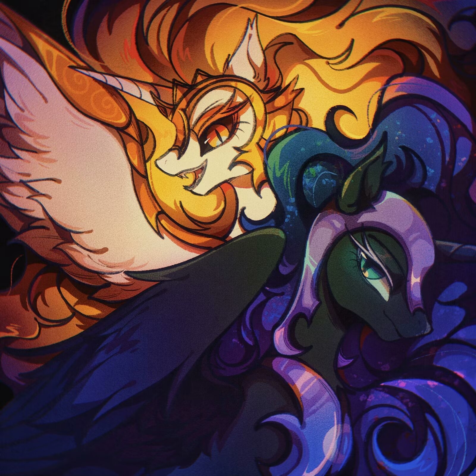tkotu, daybreaker (my little pony), nightmare moon, princess celestia, princess  luna, my little pony, my little pony: friendship is magic, highres, animal,  blue eyes, floating hair, long hair, looking at viewer, orange, image size:1600x1600