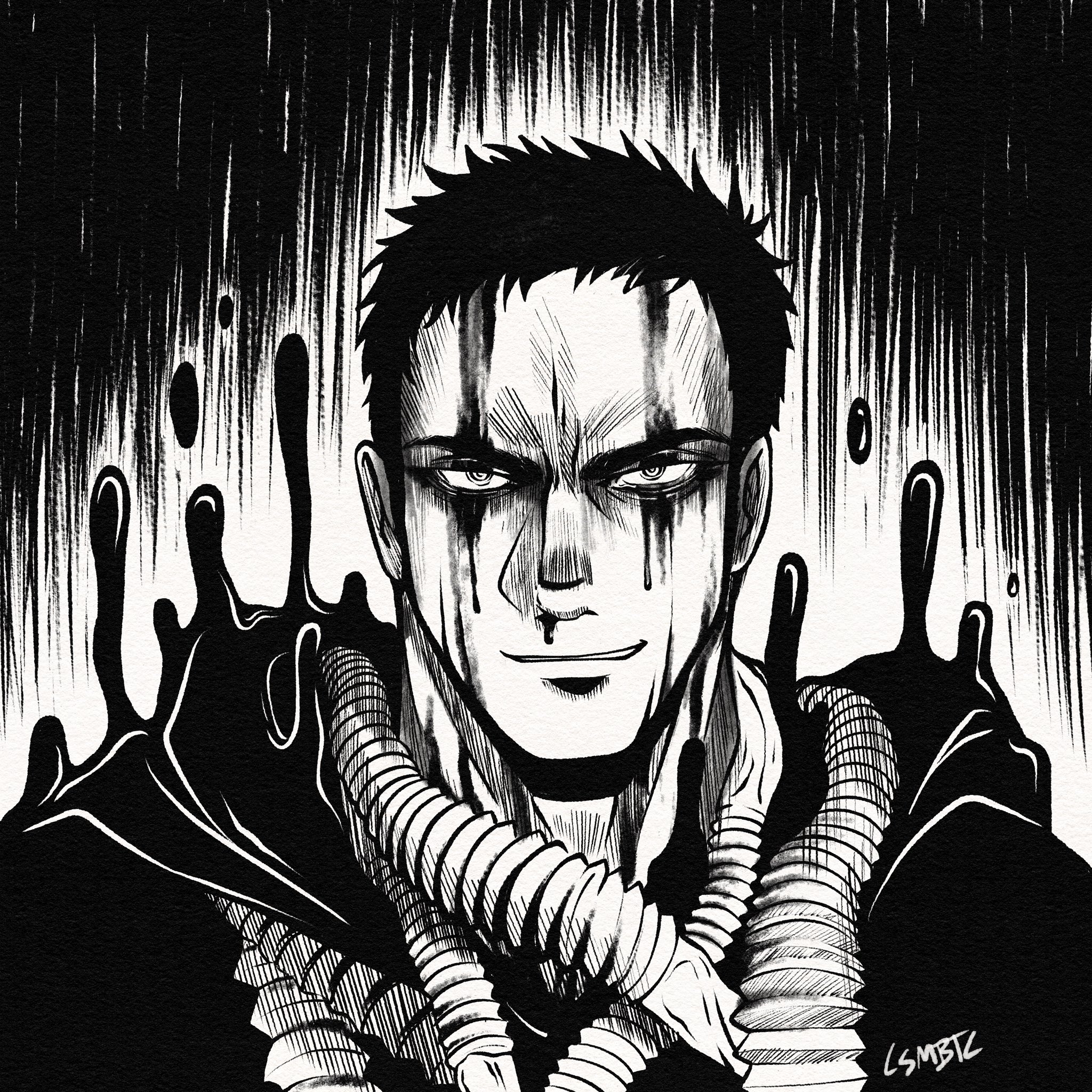 1boy bags_under_eyes blood blood_drop blood_on_face commentary csmbtc dorohedoro english_commentary greyscale grin highres inktober kai_(dorohedoro) looking_at_viewer male_focus monochrome nosebleed short_hair signature smile tube