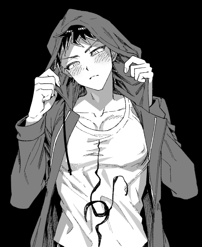 1boy black_background blush collarbone cosplay danganronpa_(series) danganronpa_2:_goodbye_despair greyscale hands_up hinata_hajime hood hood_up jacket komaeda_nagito komaeda_nagito_(cosplay) long_sleeves monochrome print_shirt shirt solo spiked_hair uurin