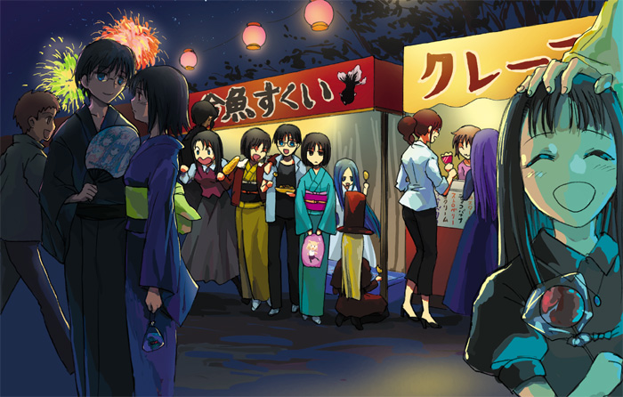 5boys 6+girls aozaki_touko araya_souren asagami_fujino bad_id bad_pixiv_id candy_apple cornelius_alba enjou_tomoe everyone festival food fujou_kirie hand_fan japanese_clothes kara_no_kyoukai kimono kokutou_azaka kokutou_mikiya multiple_boys multiple_girls multiple_persona nichiru paper_fan ryougi_mana ryougi_shiki seo_shizune uchiwa yukata