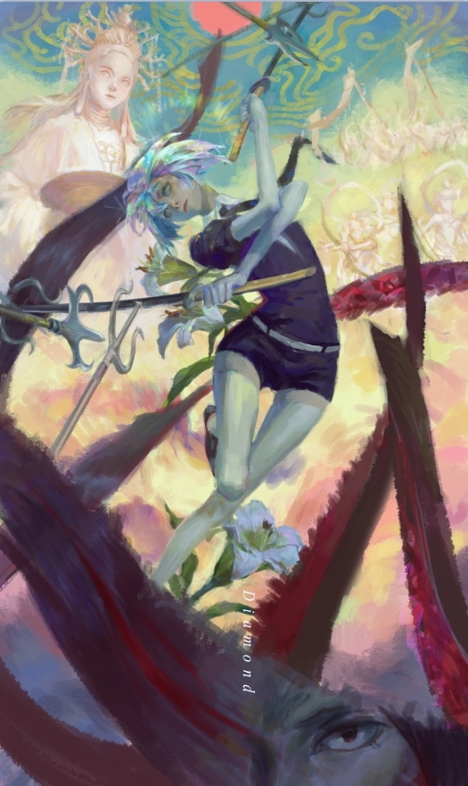 1other cavehuuu commentary diamond_(houseki_no_kuni) dual_wielding flower holding holding_sword holding_weapon houseki_no_kuni multicolored_hair polearm short_hair short_sleeves shorts sword tentacles trident weapon white_flower