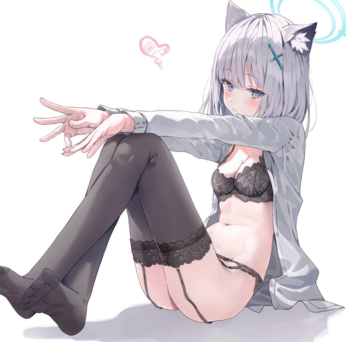 1girl animal_ear_fluff animal_ears black_bra black_thighhighs blue_archive blue_eyes blue_halo blush bra breasts cleavage closed_mouth cross cross_hair_ornament extra_ears garter_belt garter_straps grey_hair hair_ornament halo highres huwari_(dnwls3010) inverted_cross lace lace_bra looking_at_viewer medium_breasts medium_hair mismatched_pupils navel no_shoes open_clothes open_shirt shiroko_(blue_archive) shirt simple_background sitting solo spread_toes thighhighs toes unbuttoned unbuttoned_shirt underwear white_background white_shirt wolf_ears