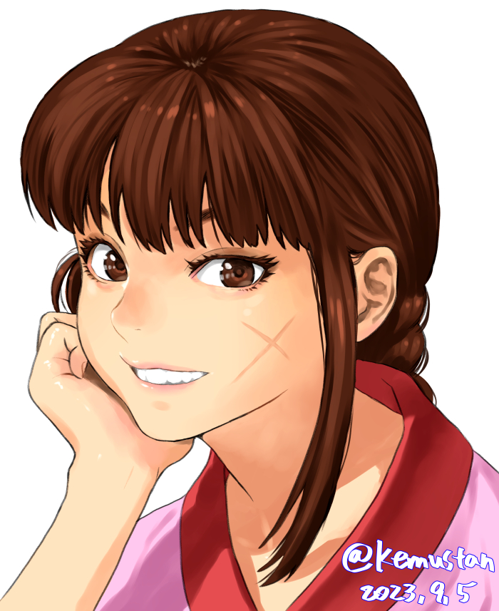 1girl braid brown_eyes brown_hair commentary_request head_rest lei_kuugo live_a_live long_hair looking_at_viewer scar scar_on_face simple_background smile solo sonomoto_shinzou_(natsume_kyouji) teeth white_background