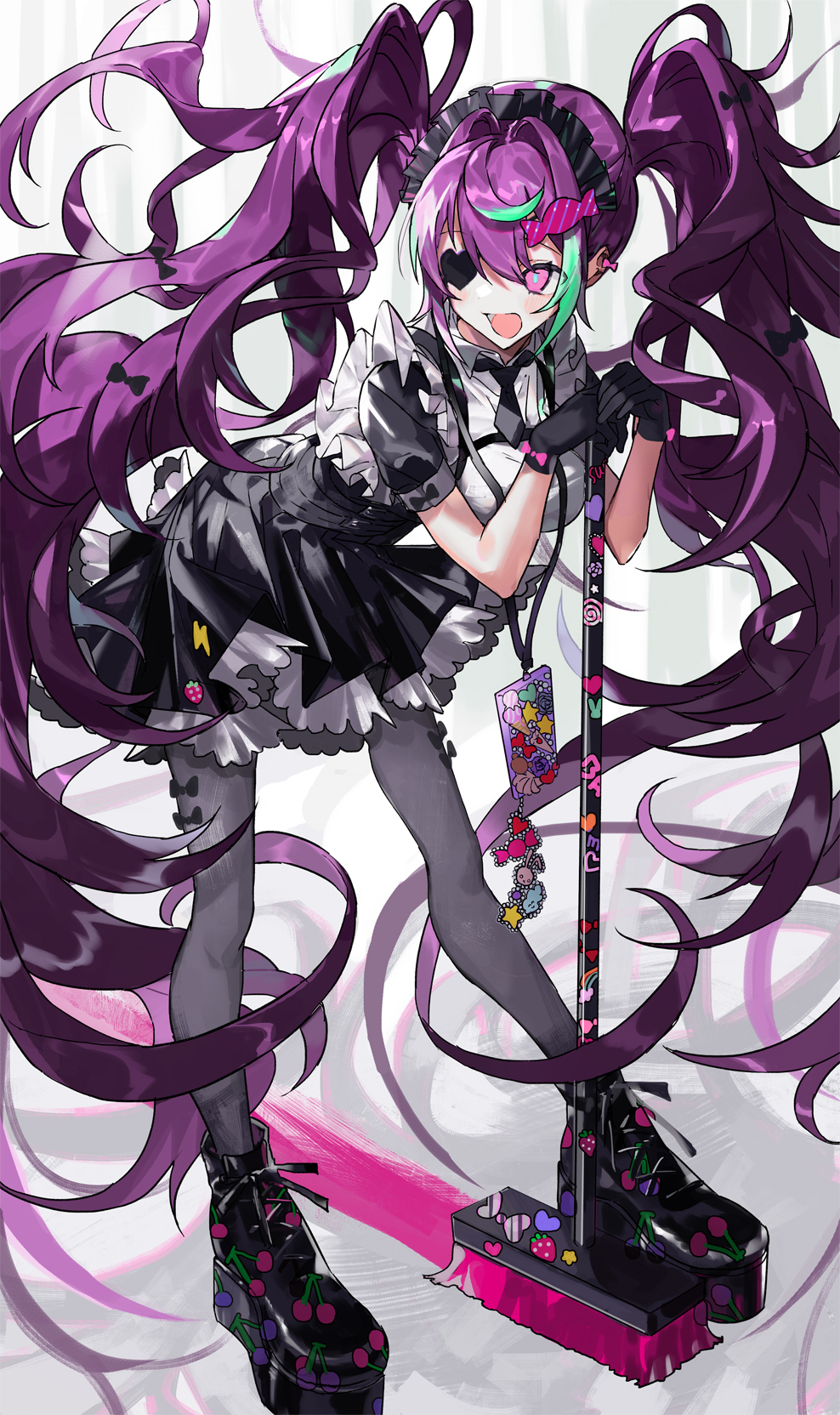 1girl black_boots black_bow black_dress black_gloves black_headdress black_necktie black_pantyhose blush boots bow breasts broom candy_hair_ornament cherry_print commentary dress drop_shadow english_commentary food-themed_hair_ornament food_print frilled_dress frills fruit_print full_body garter_straps gloves green_hair green_pupils hair_between_eyes hair_bow hair_ornament highres holding holding_broom lanyard large_breasts long_hair looking_to_the_side maid maid_headdress multicolored_hair multiple_hair_bows nana_tetra necktie one_eye_covered open_mouth original pantyhose pink_bow puffy_short_sleeves puffy_sleeves purple_eyes purple_hair shirt short_sleeves solo strawberry_print streaked_hair teeth thigh_bow twintails two-tone_hair very_long_hair white_background white_shirt wrist_bow