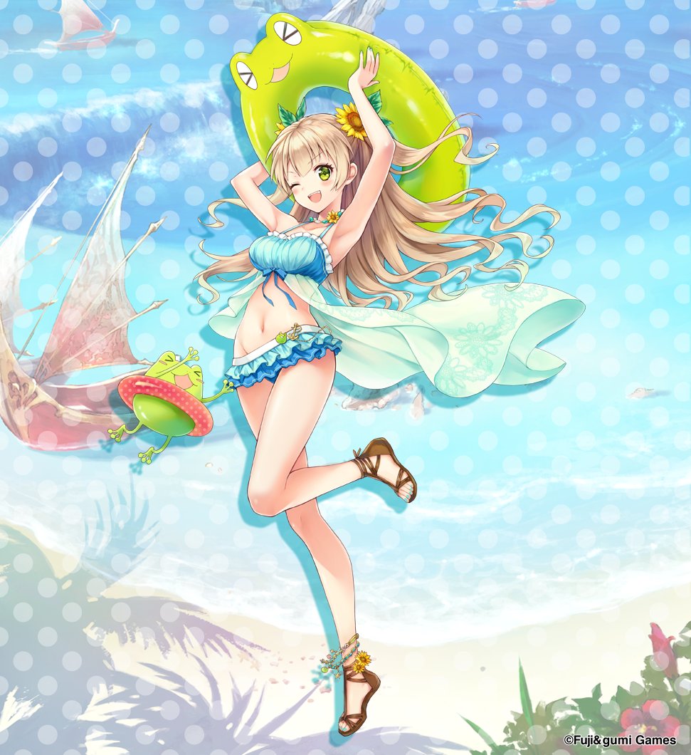 1girl ;d aqua_bikini aqua_nails arms_up bikini blonde_hair collarbone crossed_bangs flower frog full_body green_eyes green_innertube hair_flower hair_ornament holding holding_swim_ring innertube ithuriel jewelry long_hair looking_at_viewer mai.e nail_polish necklace no_socks official_alternate_costume official_art one_eye_closed open_mouth phantom_of_the_kill sandals second-party_source smile solo standing standing_on_one_leg sunflower swim_ring swimsuit teeth two_side_up upper_teeth_only