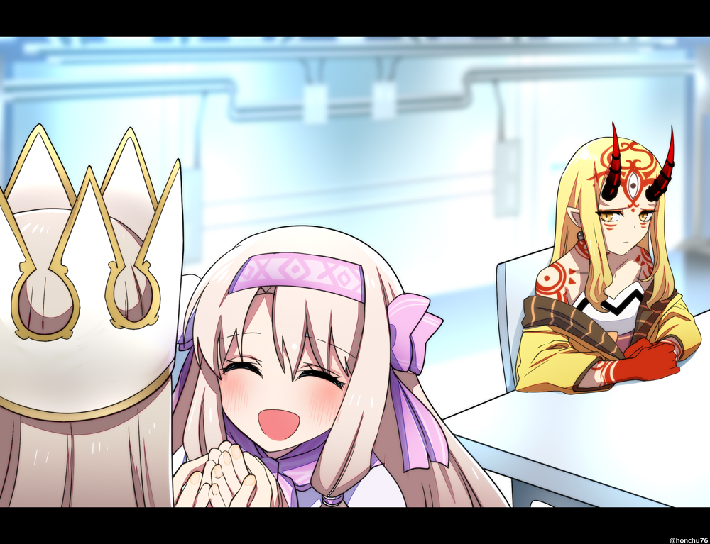 3girls bare_shoulders blonde_hair chair commentary_request crown dress_of_heaven earrings facial_mark fate/grand_order fate_(series) forehead_mark full-body_tattoo hairband hand_grab honchu horns ibaraki_douji_(fate) irisviel_von_einzbern irisviel_von_einzbern_(caster) japanese_clothes jewelry letterboxed light_frown multiple_girls oni pink_hairband pointy_ears sitonai_(fate) sitting table tattoo yellow_eyes