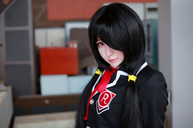 1girl artist_request asian black_hair blazer blurry color_contacts cosplay date_a_live depth_of_field female_focus hair_over_one_eye jacket long_hair looking_at_viewer makeup mascara neck_ribbon photo_(medium) red_eyes ribbon school_uniform solo tokisaki_kurumi tokisaki_kurumi_(cosplay) twintails upper_body