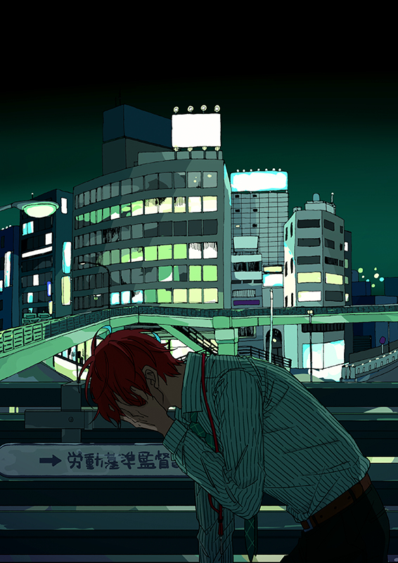 1boy city city_lights covering_face despair hypnosis_mic kannonzaka_doppo night red_hair shirt