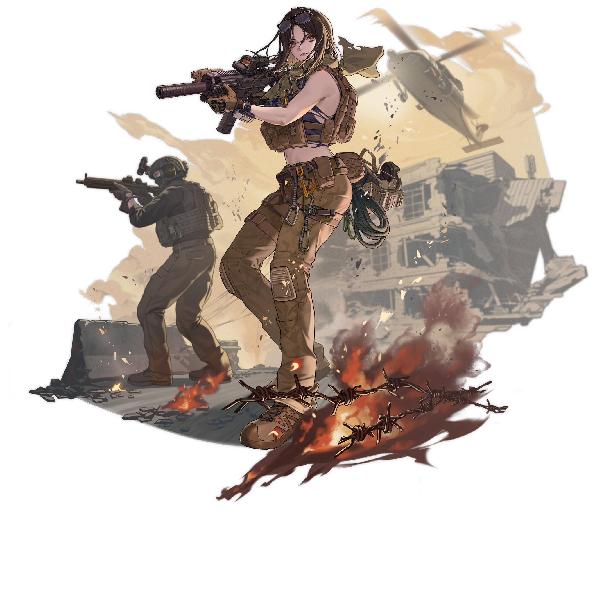 1boy 1girl aircraft arena_breakout assault_rifle baklava barbed_wire black_shirt brown_hair camouflage camouflage_pants fire glasses gun hecate_(arena_breakout) helicopter helmet highres holding holding_gun holding_weapon load_bearing_vest night_vision_device pants rifle scarf shirt sig_mcx sitting smoke smoke_grenade solo_focus suppressor torn_clothes torn_scarf weapon yitiao_er-hua