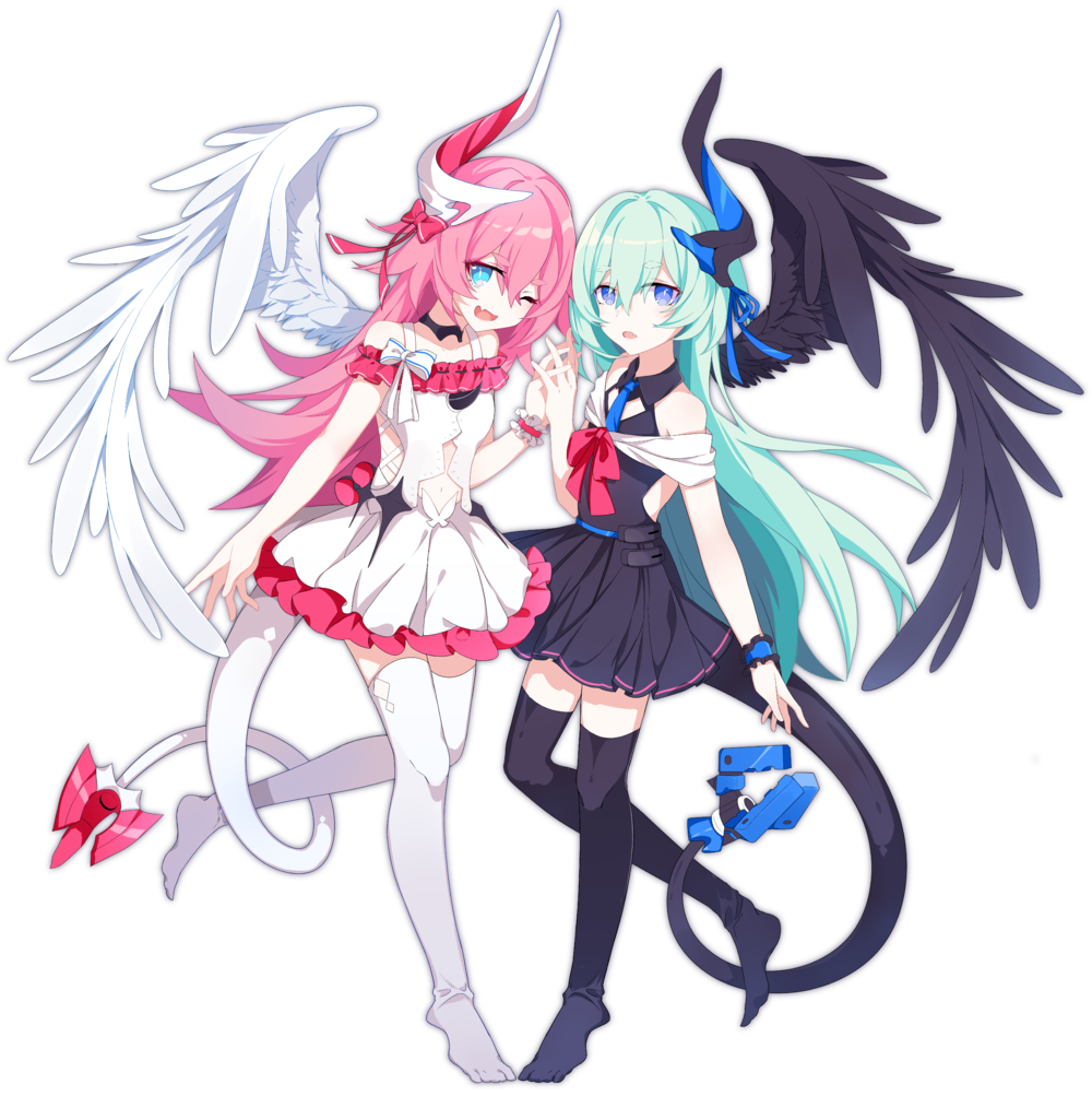 2girls angel angel_wings black_dress blue_eyes blue_hair bracelet dress fang fangs fangs_out hair_ribbon holding_hands honkai_(series) honkai_impact_3rd horns jewelry liliya_olenyeva long_hair looking_at_viewer miniskirt multiple_girls necklace one_eye_closed open_mouth pink_hair polar_opposites ribbon rozaliya_olenyeva siblings single_horn single_wing skirt stomach tail thighhighs transparent_background twins white_dress wings
