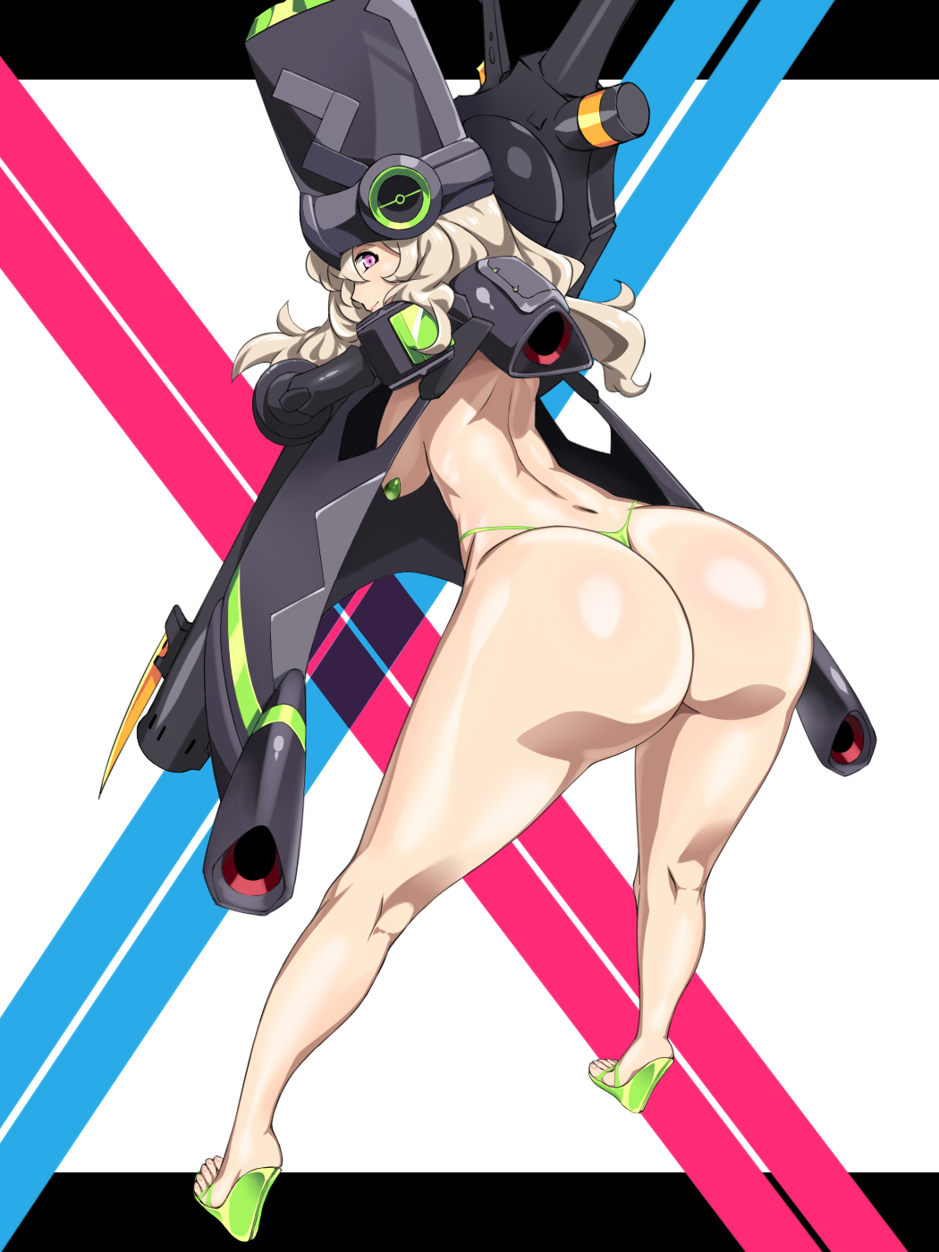 1girl armor ass backboob bare_legs blonde_hair breasts closed_mouth cosplay darling_in_the_franxx feet female_focus from_behind full_body functionally_nude genista_(darling_in_the_franxx) genista_(darling_in_the_franxx)_(cosplay) hat highres huge_ass kokoro_(darling_in_the_franxx) leaning_forward legs legs_apart long_hair looking_back medium_breasts pasties pink_eyes shoes shoujo_donburi simple_background solo standing thighs thong toes white_background