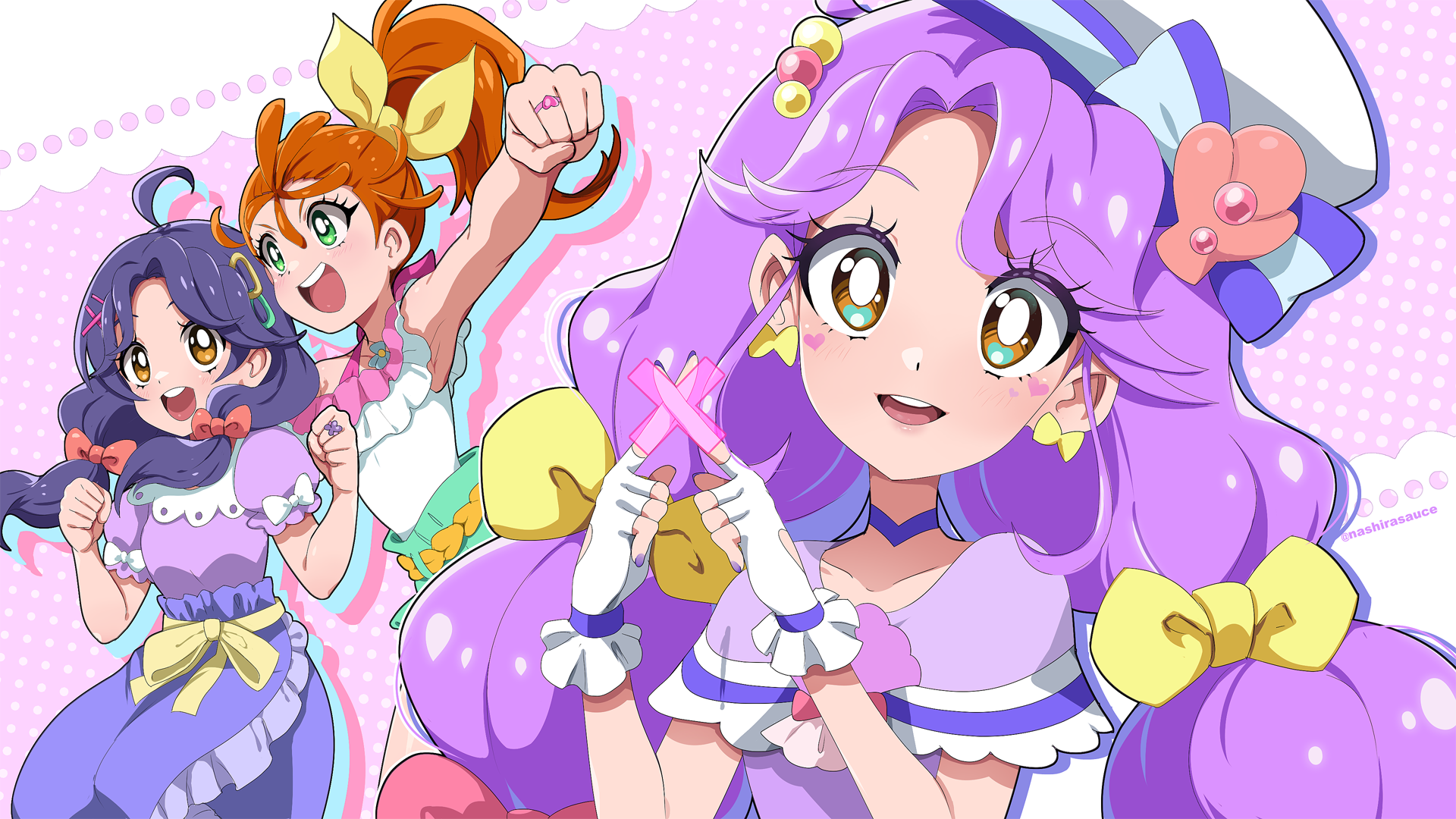 2girls :d ahoge armpit_peek bare_arms belt blush bow bow_earrings bright_pupils brooch brown_eyes choker clenched_hands collarbone colored_shadow commentary cure_coral dot_nose dress dual_persona earrings english_commentary facial_mark fingerless_gloves gloves green_eyes green_shorts hair_bobbles hair_bow hair_ornament hair_ribbon hairclip hat hat_bow hat_ornament heart heart_facial_mark heart_in_eye highres jewelry lace_background long_hair looking_at_viewer low_twintails magical_girl multi-tied_hair multiple_girls multiple_views nail_polish nashirasauce natsuumi_manatsu necklace off-shoulder_shirt off_shoulder open_mouth orange_belt orange_hair pink_bow polka_dot polka_dot_background ponytail precure puffy_short_sleeves puffy_sleeves purple_background purple_choker purple_dress purple_hair purple_nails purple_sailor_collar purple_shirt purple_skirt ribbon ring sailor_collar sailor_hat sash shadow shell shell_brooch shell_hat_ornament shell_necklace shirt short_sleeves shorts side_ponytail skirt sleeve_bow smile striped_bow suzumura_sango symbol_in_eye teeth tropical-rouge!_precure twintails twitter_username upper_teeth_only very_long_hair white_bow white_gloves white_hat white_pupils white_shirt x x_fingers x_hair_ornament yellow_bow yellow_ribbon yellow_sash