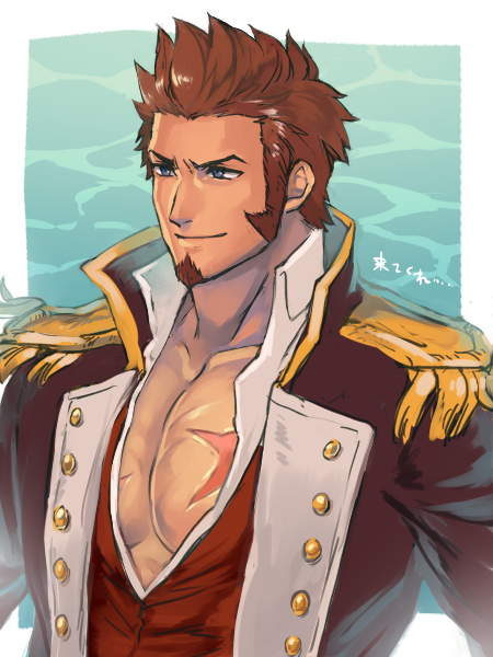 01rosso 1boy bad_id bad_pixiv_id beard blue_eyes brown_hair epaulettes facial_hair fate/grand_order fate_(series) long_sideburns long_sleeves looking_to_the_side male_focus military military_uniform muscular napoleon_bonaparte_(fate) open_clothes pectorals scar sideburns simple_background smile solo upper_body