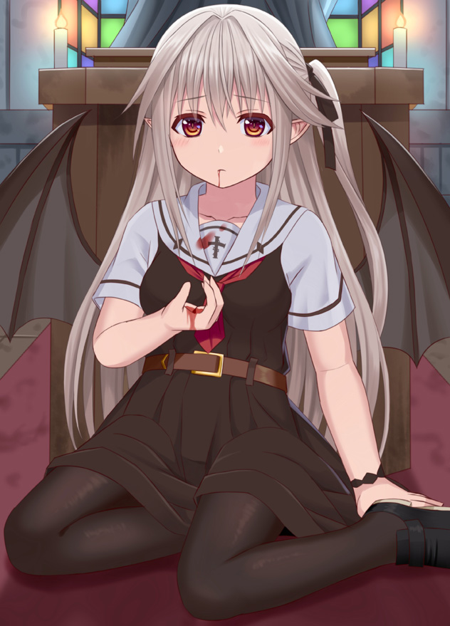 1girl altar bat_wings belt belt_buckle black_dress black_pantyhose black_ribbon black_shoes black_wings blood blood_from_mouth blood_on_clothes blood_on_hands breasts brown_belt brown_eyes buckle candle church closed_mouth commentary_request dress female_focus hair_between_eyes hair_ribbon indoors light_brown_hair loafers long_hair medium_breasts necktie on_floor one_side_up original pantyhose red_necktie revision ribbon sailor_collar shirt shoes short_necktie short_sleeves sitting sleeveless sleeveless_dress solo tukino_neru vampire very_long_hair white_sailor_collar white_shirt wings yokozuwari