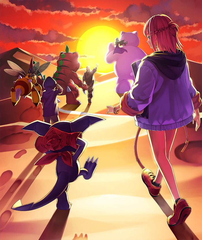 desert digimon digimon_(creature) digimon_liberator funbeemon gloves hood impmon kazuki_suzune ryutaro_williams scarf sun tyranomon walking wings winr yukidarumon yuuki_(digimon)