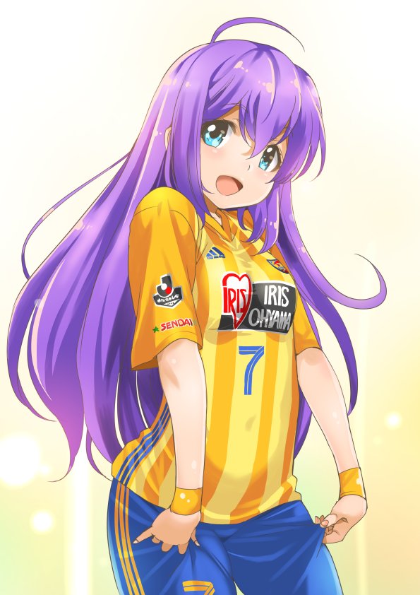 1girl adidas ahoge blue_eyes female_focus idolmaster idolmaster_million_live! inoue_sora j._league long_hair looking_at_viewer mochizuki_anna open_mouth purple_hair short_sleeves simple_background smile soccer_uniform solo sportswear striped vegalta_sendai vertical_stripes wristband