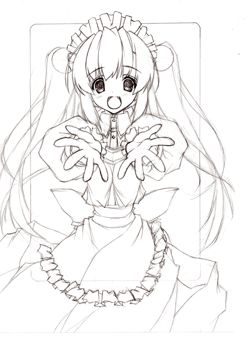 1girl 2000s_(style) :d apron blush commentary_request cowboy_shot curly_sue fang frilled_apron frills gloves greyscale hair_bobbles hair_ornament kafra_uniform long_hair looking_at_viewer maid maid_headdress monochrome open_mouth puffy_short_sleeves puffy_sleeves ragnarok_online reaching reaching_towards_viewer short_sleeves simple_background sketch smile solo twintails uzuki_sakura_(mmys534)