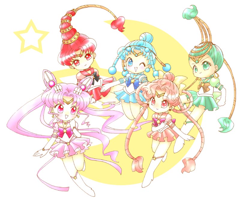 1990s_(style) 5girls bishoujo_senshi_sailor_moon bishoujo_senshi_sailor_moon_sailor_stars bishoujo_senshi_sailor_moon_stars bishoujo_senshi_sailor_moon_supers blue_eyes blue_hair blue_sailor_collar boots bow brooch cerecere_(sailor_moon) chibi_usa child choker cone_hair_bun crescent_moon double_bun earrings full_body gloves green_eyes green_hair hair_bun hair_ornament hair_rings hairpin happy high_ponytail jewelry junjun_(sailor_moon) knee_boots long_hair magical_girl moon multi-tied_hair multiple_girls pallapalla_(sailor_moon) pink_eyes pink_hair ponytail red_eyes red_hair retro_artstyle ribbon sailor_ceres sailor_chibi_moon sailor_collar sailor_juno sailor_pallas sailor_senshi sailor_vesta school_uniform serafuku short_hair single_hair_bun skirt smile star_(symbol) star_brooch star_earrings super_sailor_chibi_moon_(stars) tiara twintails vesves_(sailor_moon) white_footwear white_gloves yellow_bow yokoru