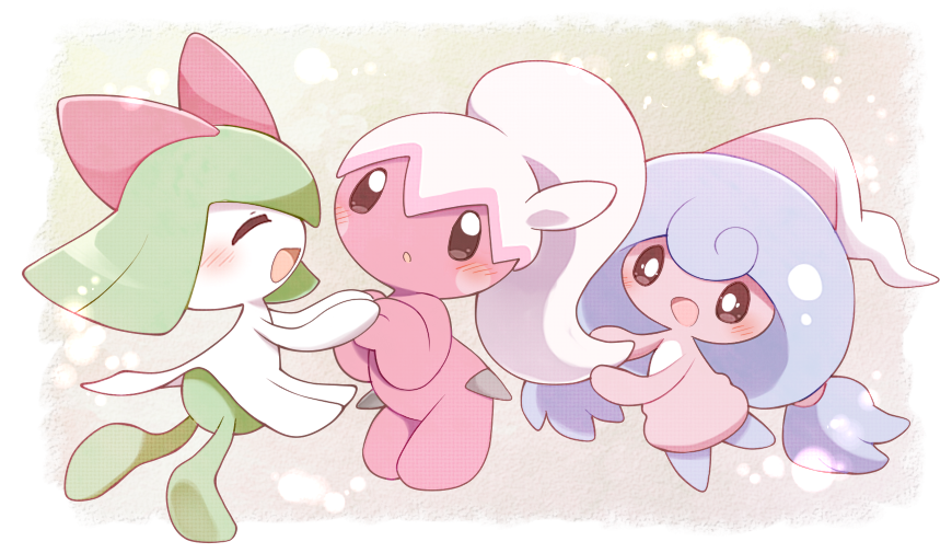 akuasu black_sclera blush closed_eyes colored_sclera colored_skin gen_3_pokemon gen_8_pokemon green_hair green_skin hattrem holding_hands horns kirlia multicolored_hair multicolored_skin nintendo open_mouth parted_lips pink_hair pink_skin pokemon pokemon_(creature) prehensile_hair sidelocks smile tinkatuff two-tone_skin white_skin