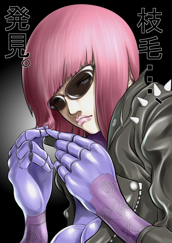 breasts cyborg flower jacket lips madworld mathilda_(madworld) max_anarchy mole purple_hair rose sega sunglasses