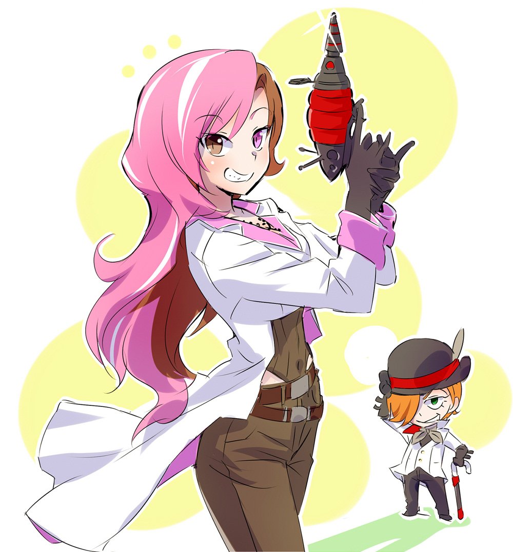 1boy 1girl bowler_hat cane chibi energy_gun grin hair_over_one_eye hat hat_feather heterochromia iesupa multicolored_hair neopolitan_(rwby) ray_gun roman_torchwick rwby rwby_chibi smile split-color_hair weapon
