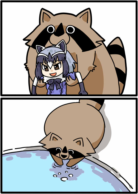 10s 2koma animal_ears bow brown_eyes bubble comic common_raccoon_(kemono_friends) creature_and_personification gloves hair_between_eyes kemono_friends multicolored_hair open_mouth personification raccoon raccoon_ears seki_(red_shine) silent_comic smile tub washing water