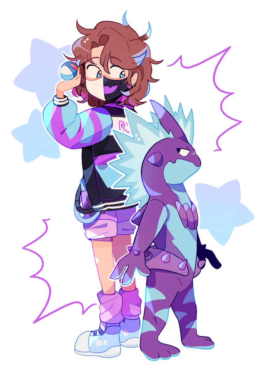 2others blue_eyes blue_shoes brown_hair color_connection commentary crossover english_commentary gen_8_pokemon great_ball highres holding holding_poke_ball indie_virtual_youtuber jacket mask mouth_mask multicolored_jacket multiple_others nintendo other_focus poke_ball pokemon pokemon_(creature) purple_shorts ranboo ranboo_(r800) ranboo_(r800)_(1st_costume) shoes short_hair shorts simple_background sleepy_cheeky standing toxtricity toxtricity_(low_key) virtual_youtuber white_background