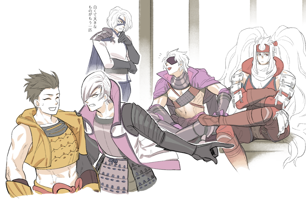 5boys :d armor big_hair chousokabe_motochika_(sengoku_basara) clenched_teeth clothes_grab cropped_jacket figure_four_sitting frown hair_between_eyes hair_over_one_eye hand_on_own_face indian_style ishida_mitsunari_(sengoku_basara) jacket jacket_grab jacket_on_shoulders japanese_armor jinbaori khirzava long_hair looking_at_another looking_to_the_side male_focus multiple_boys no_shirt open_mouth purple_jacket sanada_nobuyuki_(sengoku_basara) sengoku_basara short_hair shoulder_armor sitting smile sweatdrop takenaka_hanbee_(sengoku_basara) talking teeth tokugawa_ieyasu_(sengoku_basara) translation_request very_long_hair yellow_jacket