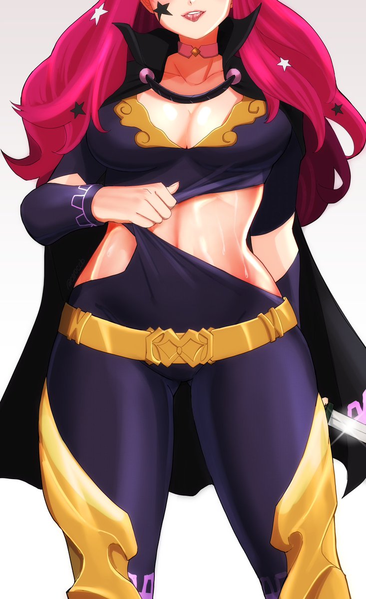 1girl :p belt black_cape bodysuit breasts cape ceroccb chest_strap choker cleavage clothing_cutout collarbone dagger detached_sleeves facial_mark fire_emblem fire_emblem_engage gold_belt hair_ornament head_out_of_frame holding holding_dagger holding_knife holding_weapon knife large_breasts long_hair navel nintendo pink_choker red_hair saliva side_cutout solo star_(symbol) star_facial_mark star_hair_ornament sweat tongue tongue_out weapon yunaka_(fire_emblem)