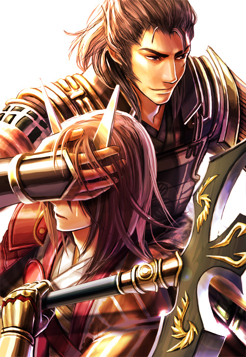 2boys armor blue_eyes brown_hair covering_own_eyes grey_eyes hand_on_another&#039;s_face haru_(toyst) horns ishida_mitsunari_(sengoku_musou) japanese_clothes male_focus multiple_boys purple_eyes sakon_shima_(sengoku_musou) sengoku_musou sengoku_musou_3 shima_sakon_(sengoku_musou) tears weapon