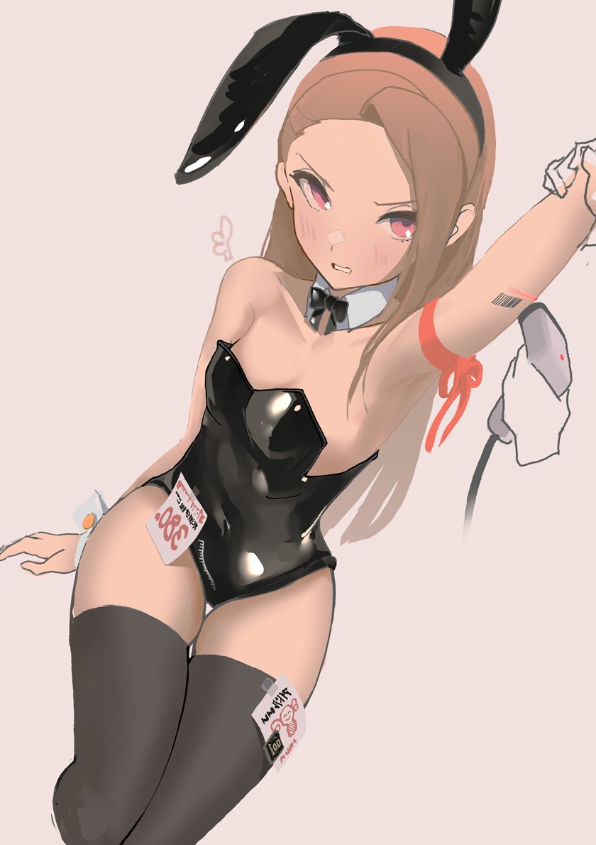 1girl animal_ears arm_ribbon arm_up armpits artist_logo barcode barcode_scanner barcode_tattoo bare_shoulders black_bow black_leotard blush bow breasts brown_eyes brown_hair ch2haya_p collarbone detached_collar disembodied_hand fake_animal_ears holding holding_barcode_scanner idolmaster idolmaster_(classic) leotard logo long_hair minase_iori parted_lips playboy_bunny rabbit_ears ribbon sideways_glance simple_background small_breasts solo_focus strapless strapless_leotard tattoo thighhighs white_wrist_cuffs wrist_cuffs