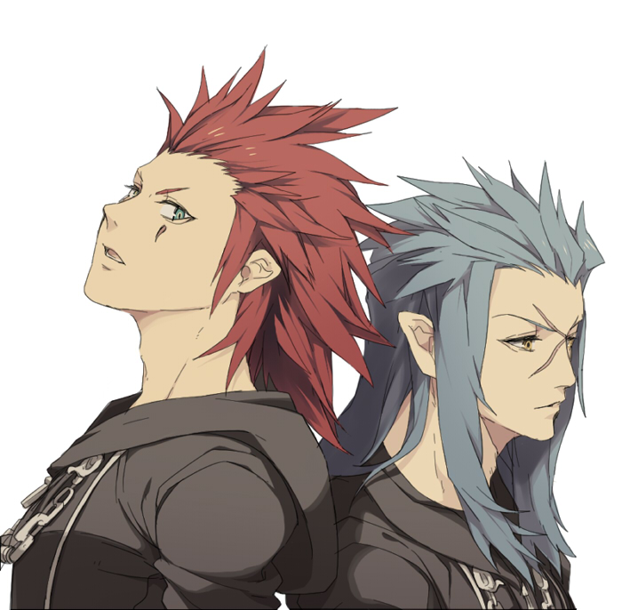 2boys axel_(kingdom_hearts) back-to-back bad_id bad_pixiv_id black_coat black_coat_(kingdom_hearts) blue_hair coat cross_scar facial_mark green_eyes height_difference hood hood_down hooded_coat kingdom_hearts male_focus multiple_boys parted_lips pointy_ears red_hair saix scar scar_on_face sidelocks simple_background tore_(ksg666xxx) white_background yellow_eyes