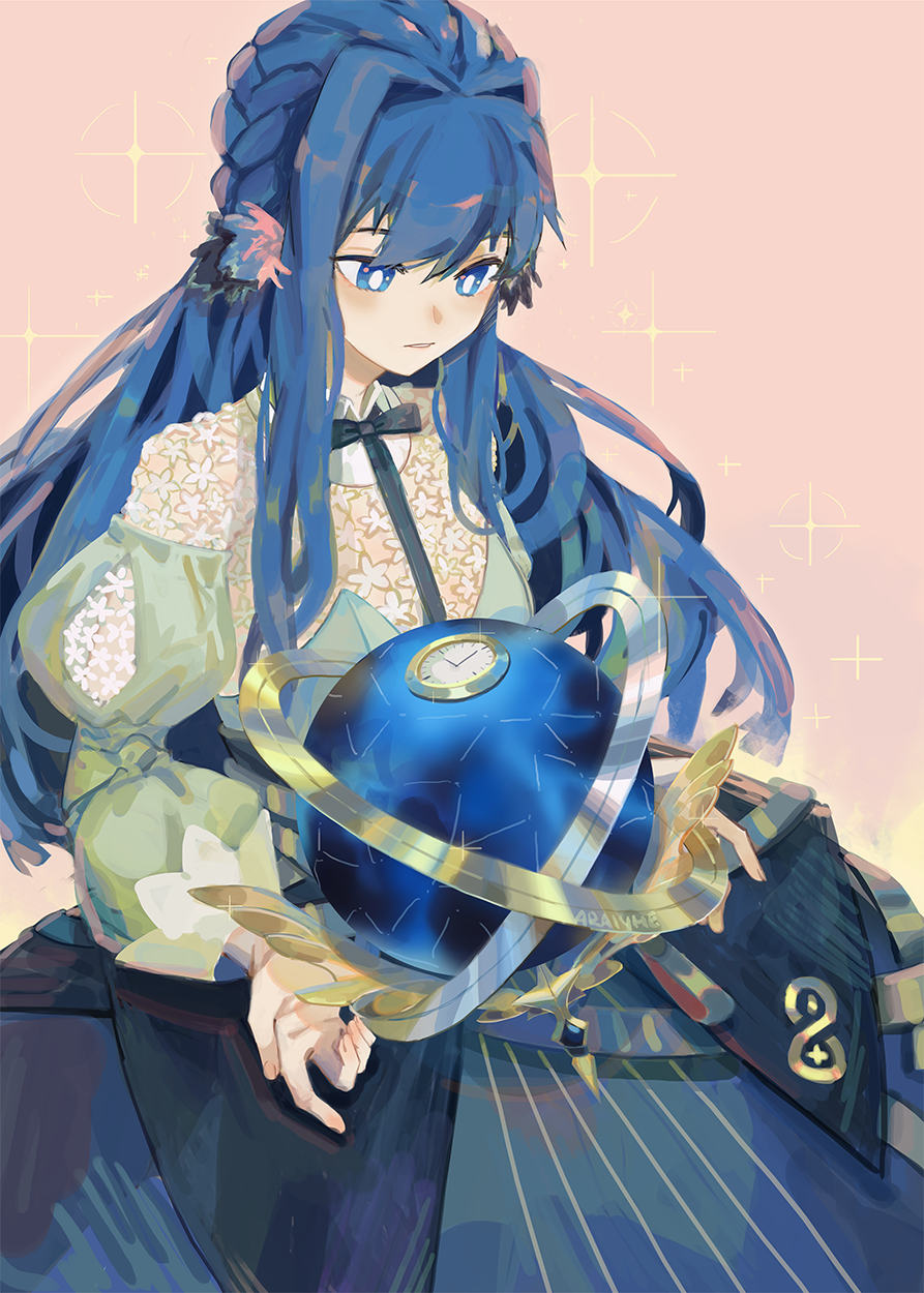 1girl animal_ears araiyme arknights astesia_(arknights) bird_ears blue_hair blue_skirt bright_pupils celestial_globe clock highres long_hair long_sleeves monochrome_background parted_lips pink_background puffy_sleeves rhine_lab_logo see-through_clothes see-through_shirt shirt simple_background skirt solo sparkle white_pupils white_shirt