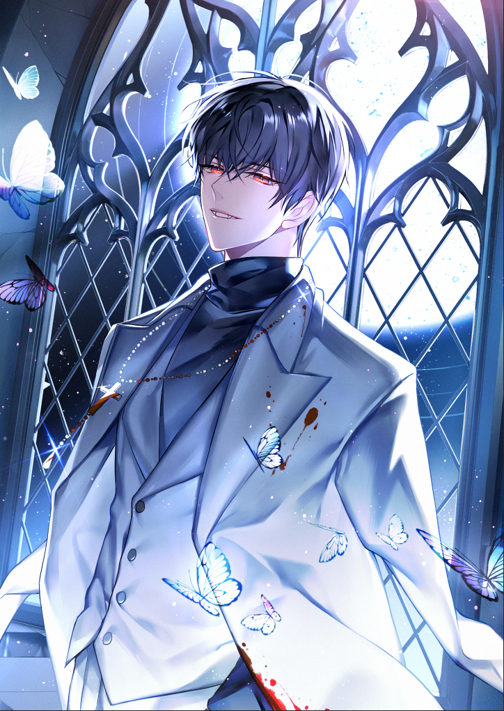 1boy alternate_eye_color arched_window black_hair black_shirt blood blood_on_clothes blue_butterfly bug butterfly chinese_commentary cross cross_necklace fangs formal_clothes full_moon hair_between_eyes indoors insect jacket jacket_on_shoulders jewelry lapels light_particles long_sleeves looking_at_viewer love_and_producer male_focus moon muntins necklace night pants parted_lips peaked_lapels purple_butterfly red_eyes rosary s_(olath) see-through_butterfly shirt short_hair sideways_glance smile solo suit suit_jacket turtleneck upper_body vampire vest white_jacket white_pants white_suit white_vest window xu_mo