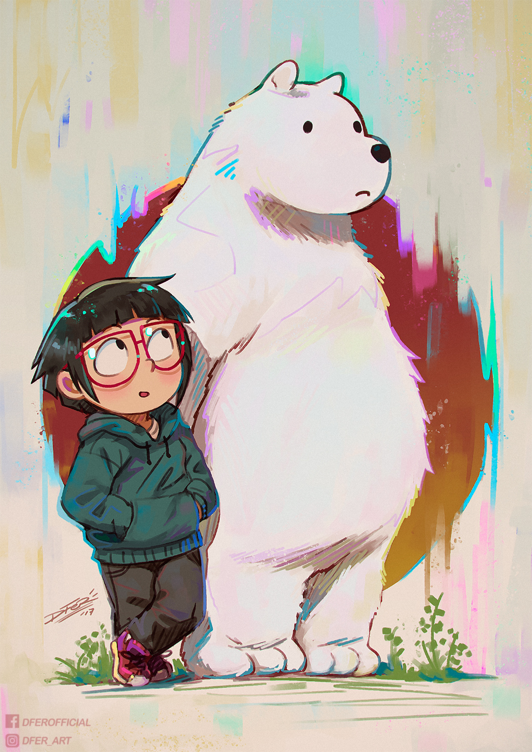 10s 1boy 1girl 2017 animal bear black_eyes black_hair black_pants blue_hoodie blush cartoon_network chloe_park glasses grass hands_in_pockets hood hoodie ice_bear_(we_bare_bears) idfer leaning_on_person long_sleeves looking_at_another looking_to_the_side pants polar_bear red_footwear shoes short_hair sneakers standing we_bare_bears white_background white_fur