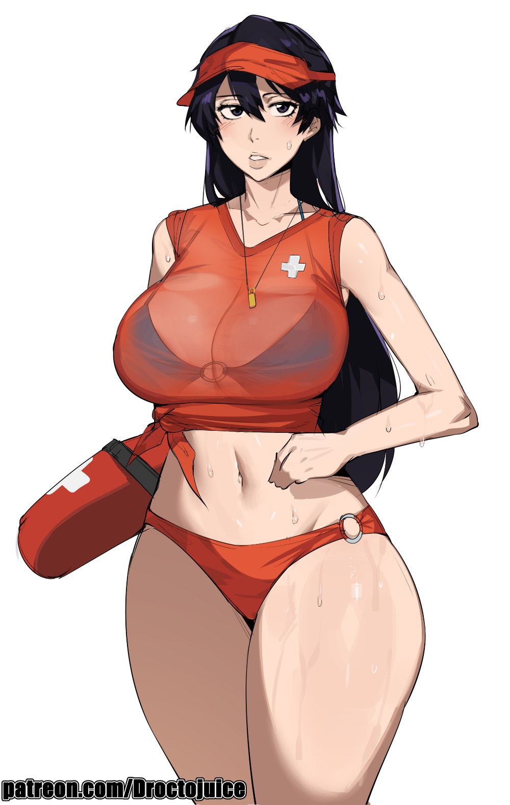 bambietta_basterbine black_hair bleach bleach:_sennen_kessen-hen blush breasts cleavage dr_octojuice hair_between_eyes hat highres large_breasts lifeguard lips long_hair o-ring o-ring_bottom quincy_(bleach) red_hat see-through_clothes see-through_tank_top sternritter sweatdrop thick_thighs thighs visor_cap wet whistle