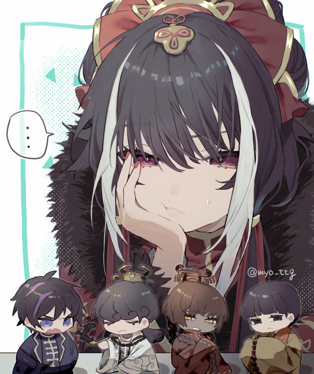 2girls 3boys :&lt; :3 black_hair blue_coat blue_eyes braid brown_hair chibi chibi_inset chinese_clothes coat colored_skin fur_trim grey_skin guan_hat hair_bun highres holding holding_smoking_pipe jia_xichun_(project_moon) limbus_company long_hair long_sleeves looking_at_viewer multicolored_hair multiple_boys multiple_braids multiple_girls myo_(mio) pink_eyes project_moon red_robe robe shi_huazhen_(project_moon) short_twintails simple_background smoking_pipe streaked_hair twintails upper_body wang_qingshan_(project_moon) wang_zhao_(project_moon) white_background white_coat white_streaks xue_pan_(project_moon) yellow_eyes yellow_robe