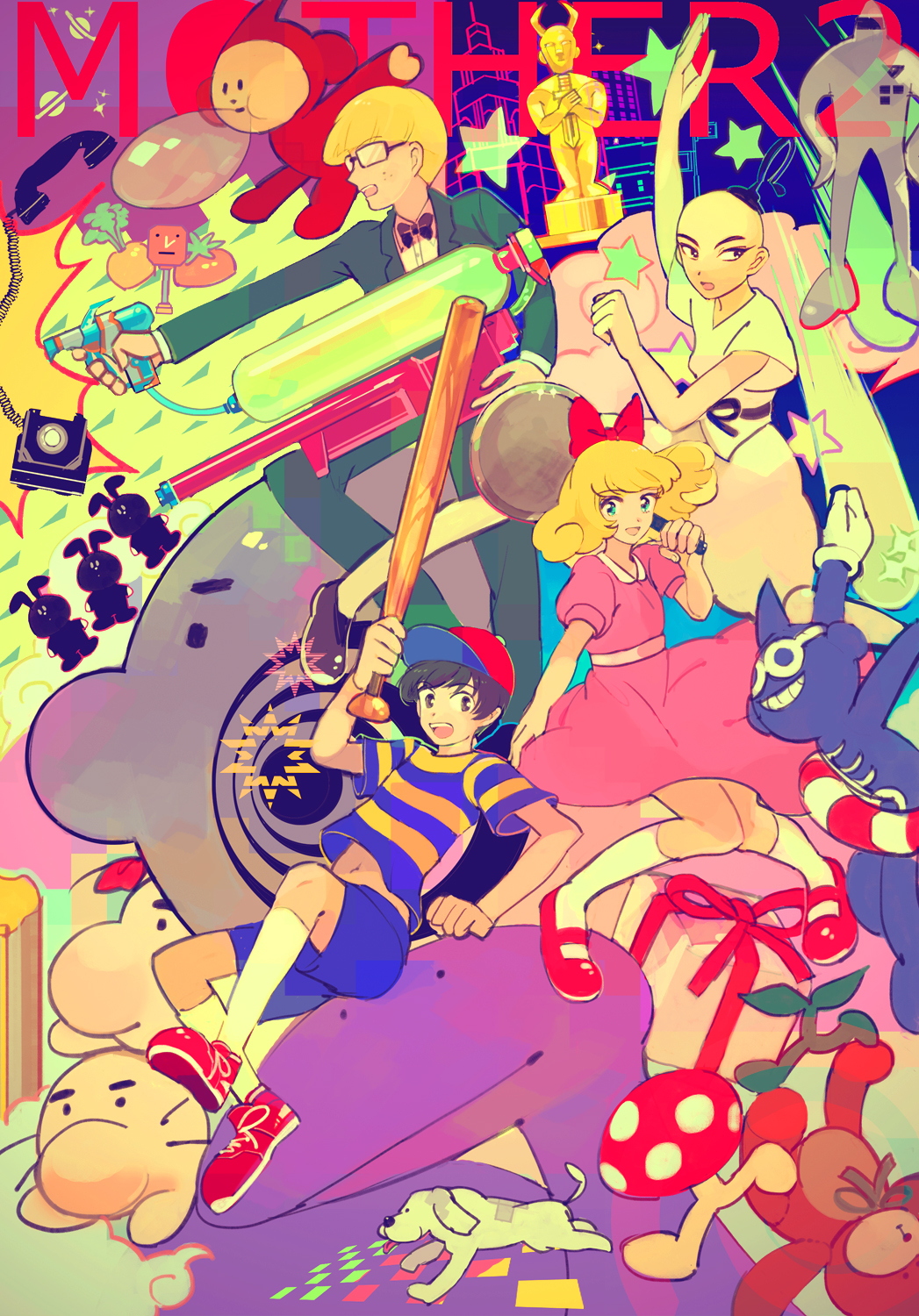 1girl 3boys baseball_bat baseball_cap black_hair blonde_hair blowing_bubbles chewing_gum child dog doseisan fon-due_(fonfon) glasses hat highres jeff_andonuts king_(mother_2) monkey mother_(series) mother_2 multiple_boys ness_(mother_2) nintendo paula_(mother_2) poo_(mother_2) starman starman_(mother) striped