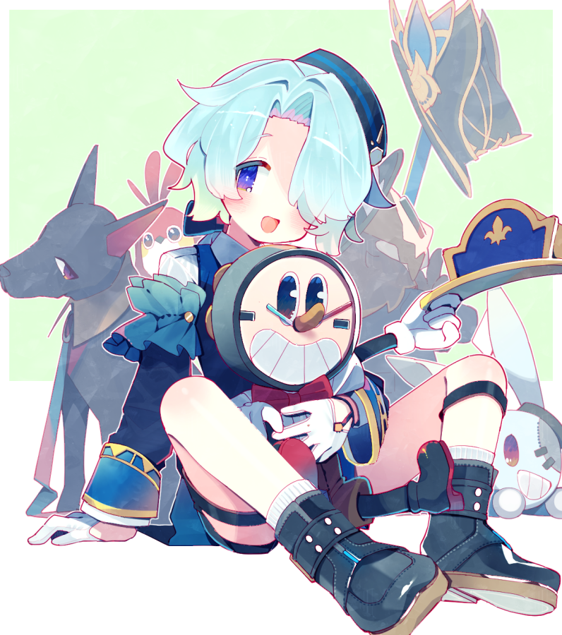animal aoi_tsuyu aqua_hair bird black_boots blush boots bow clockie_(honkai:_star_rail) commentary dog gloves gradient_hair hair_over_one_eye hat honkai:_star_rail honkai_(series) long_sleeves looking_at_viewer male_focus misha_(honkai:_star_rail) multicolored_hair open_mouth purple_eyes red_bow simple_background sitting socks stuffed_animal stuffed_toy thigh_strap white_gloves white_socks
