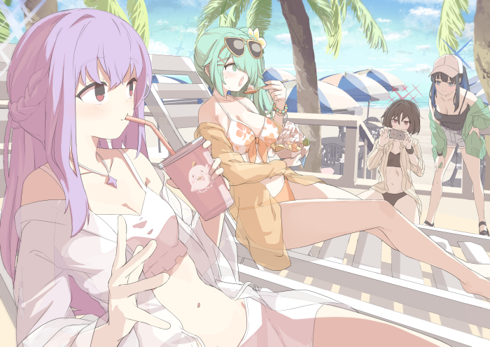 4girls arius_squad_(blue_archive) atsuko_(blue_archive) atsuko_(swimsuit)_(blue_archive) beach bikini black_hat blue_archive breasts cleavage cloud cup day drinking_straw drinking_straw_in_mouth eating eyewear_on_head floral_print flower food hair_flower hair_ornament hair_over_one_eye hairclip halo hat hiyori_(blue_archive) hiyori_(swimsuit)_(blue_archive) holding holding_cup jacket large_breasts long_hair medium_breasts misaki_(blue_archive) misaki_(swimsuit)_(blue_archive) momiji_oroshi multiple_girls navel off_shoulder open_clothes open_jacket outdoors purple_hair reclining red_eyes saori_(blue_archive) saori_(swimsuit)_(blue_archive) shorts sky small_breasts squatting standing sunglasses sweat swimsuit white_bikini white_hat